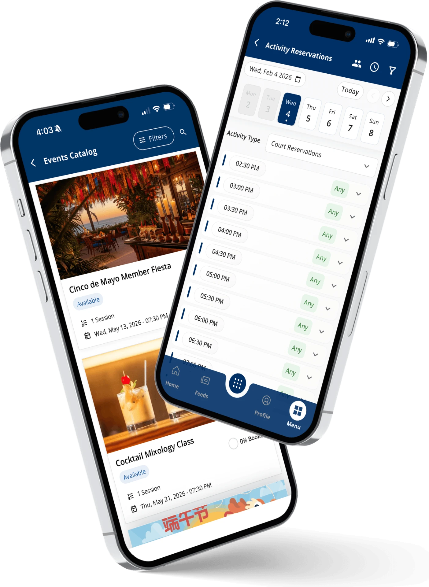 Nexus member app screens for membership, announcements, and dining orders