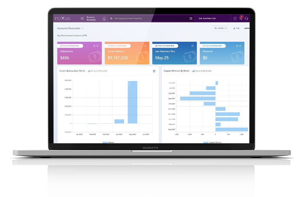 Nexus accounts receivable dashboard with balances, statements, and payment charts