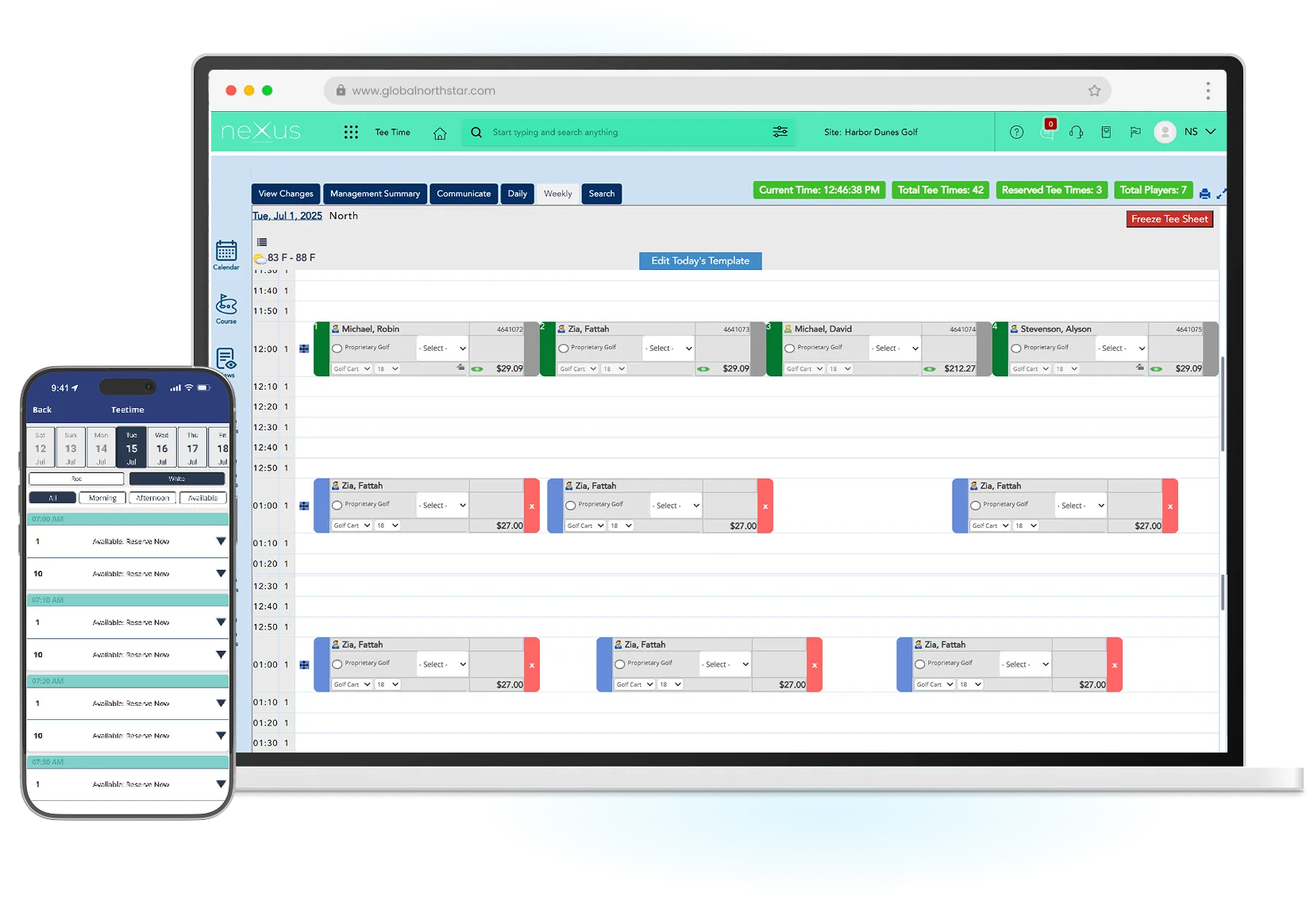 Nexus tee sheet on desktop alongside the member app tee time booking screen