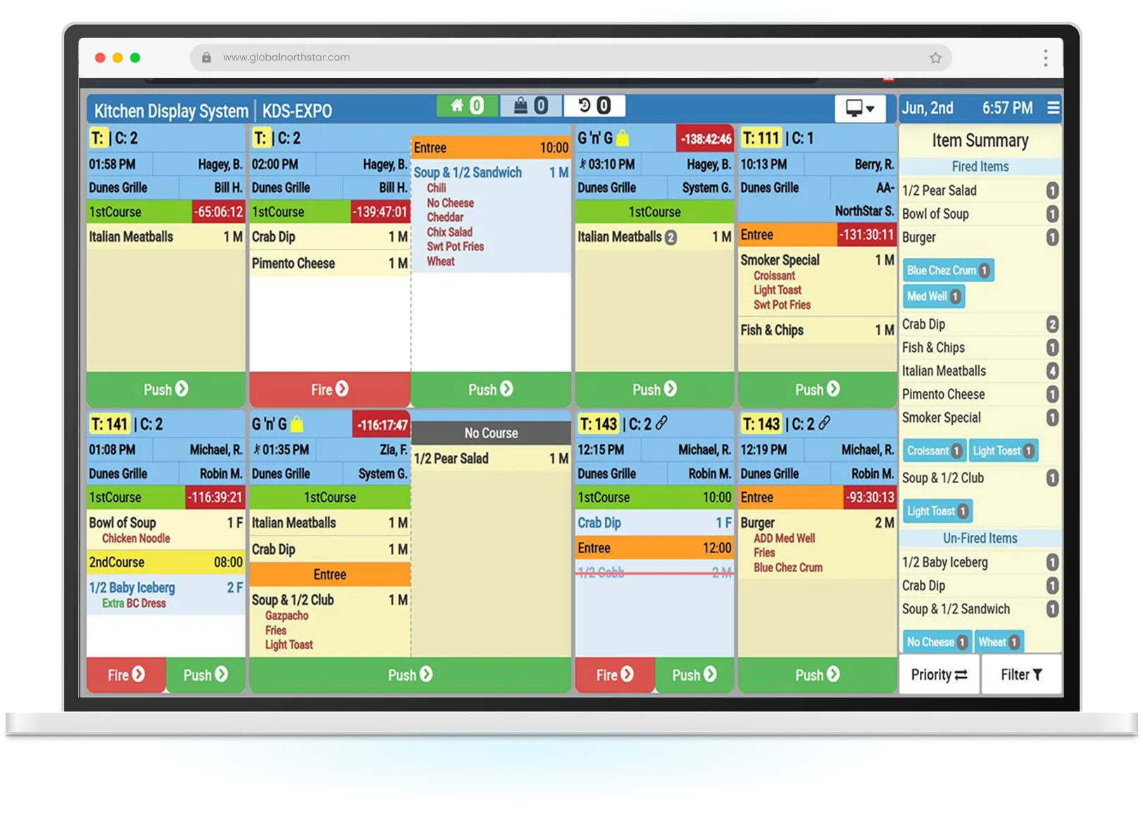 Nexus kitchen display system showing live course tickets and item summary